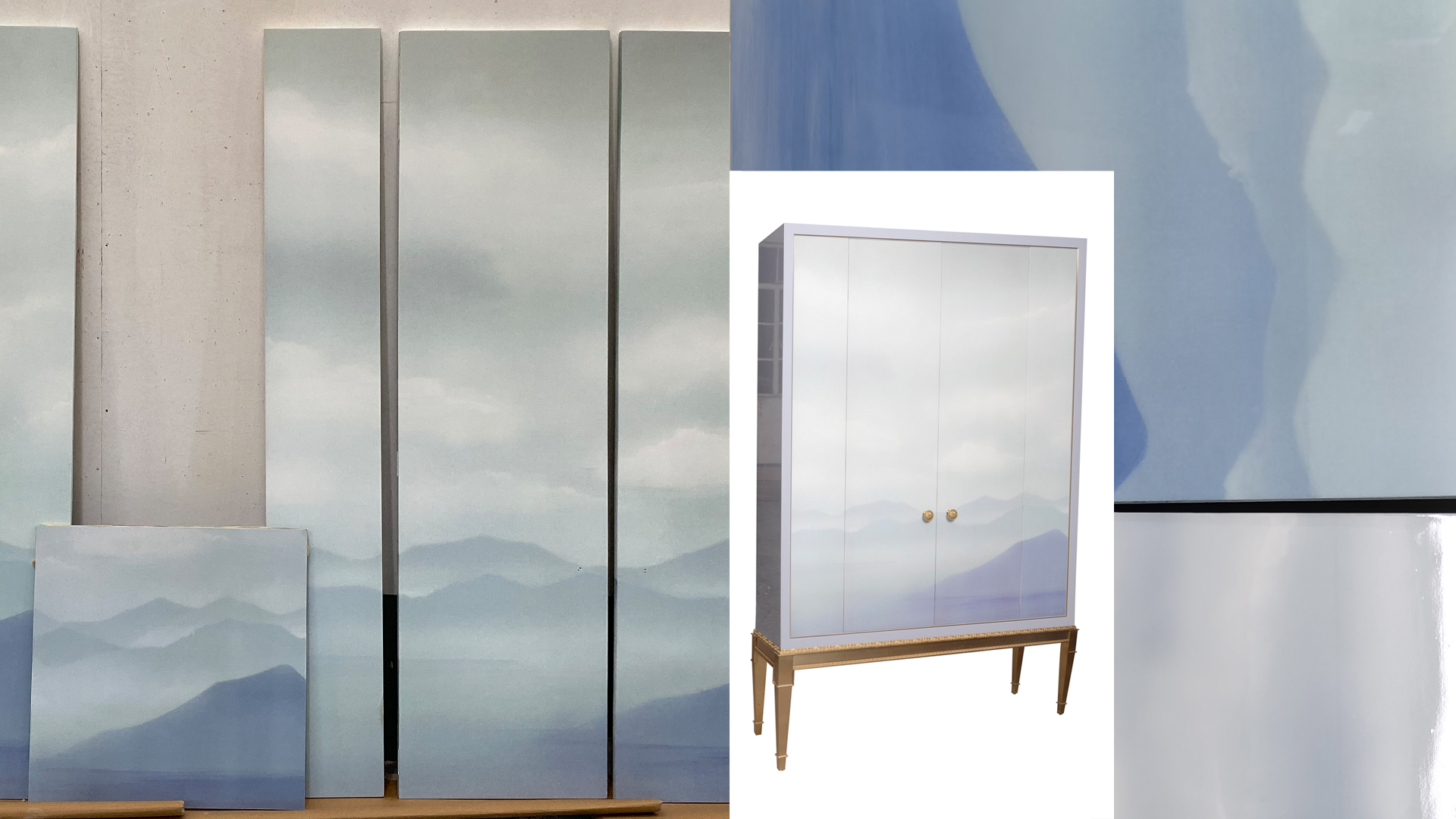 One of the challenges faced during the production of this project was the development of hand-painted doors for minibars. The minibar above features a misty mountain landscape.
